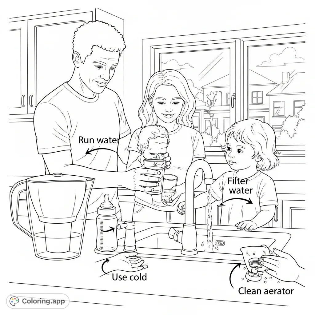 Learn essential safe water practices for your home. This educational coloring page illustrates running water, using cold water, filtering, and cleaning aerators to prevent lead contamination.