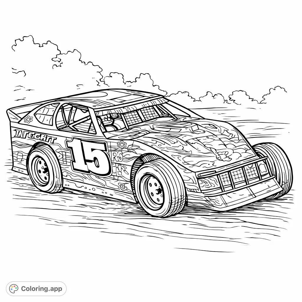 Race to creativity with this intricate Number 15 stock car coloring page. Featuring dynamic angles, detailed sponsor graphics, and complex patterns for an engaging challenge.