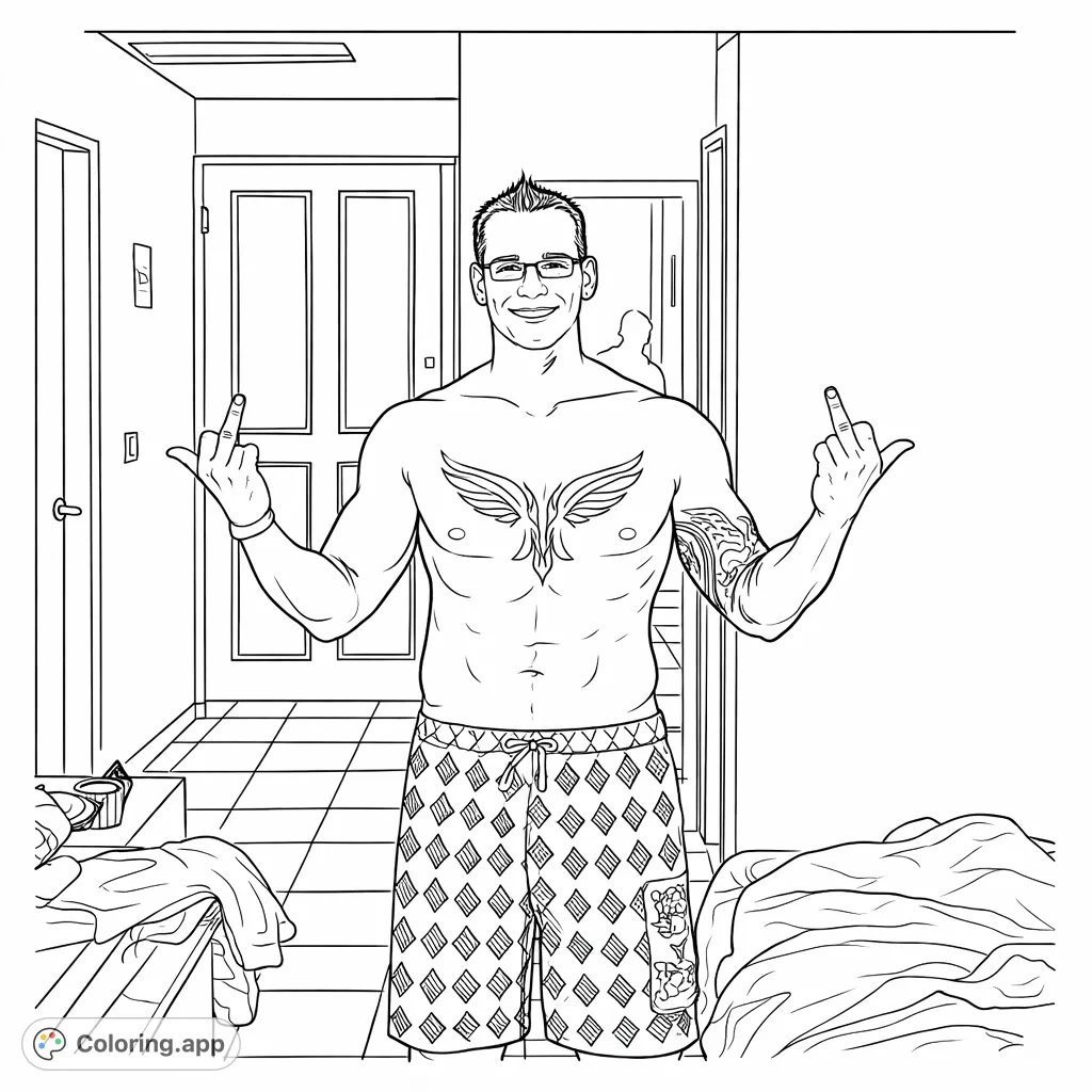 A man with a bold phoenix chest tattoo, patterned shorts, and a defiant pose. A unique figure for adult coloring.