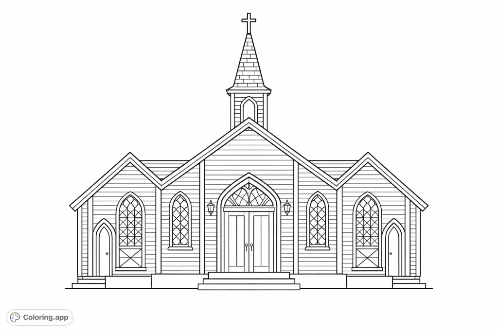 Discover a beautifully detailed church facade coloring page, perfect for all ages to explore architectural design and creative expression.