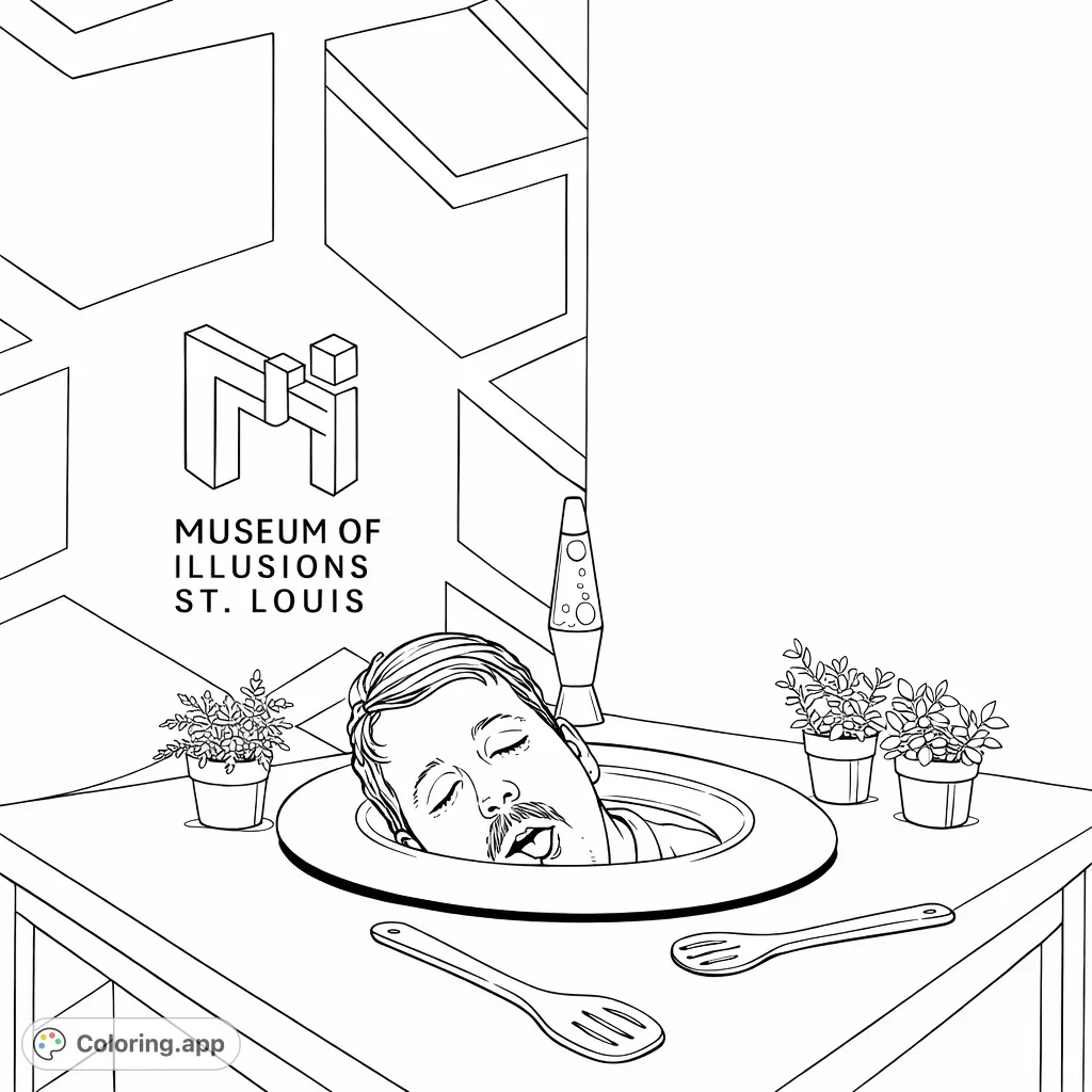 A whimsical illusion featuring a man's head emerging from a large plate-like object, surrounded by museum elements and kitchen utensils. A fun, tricky scene to color!