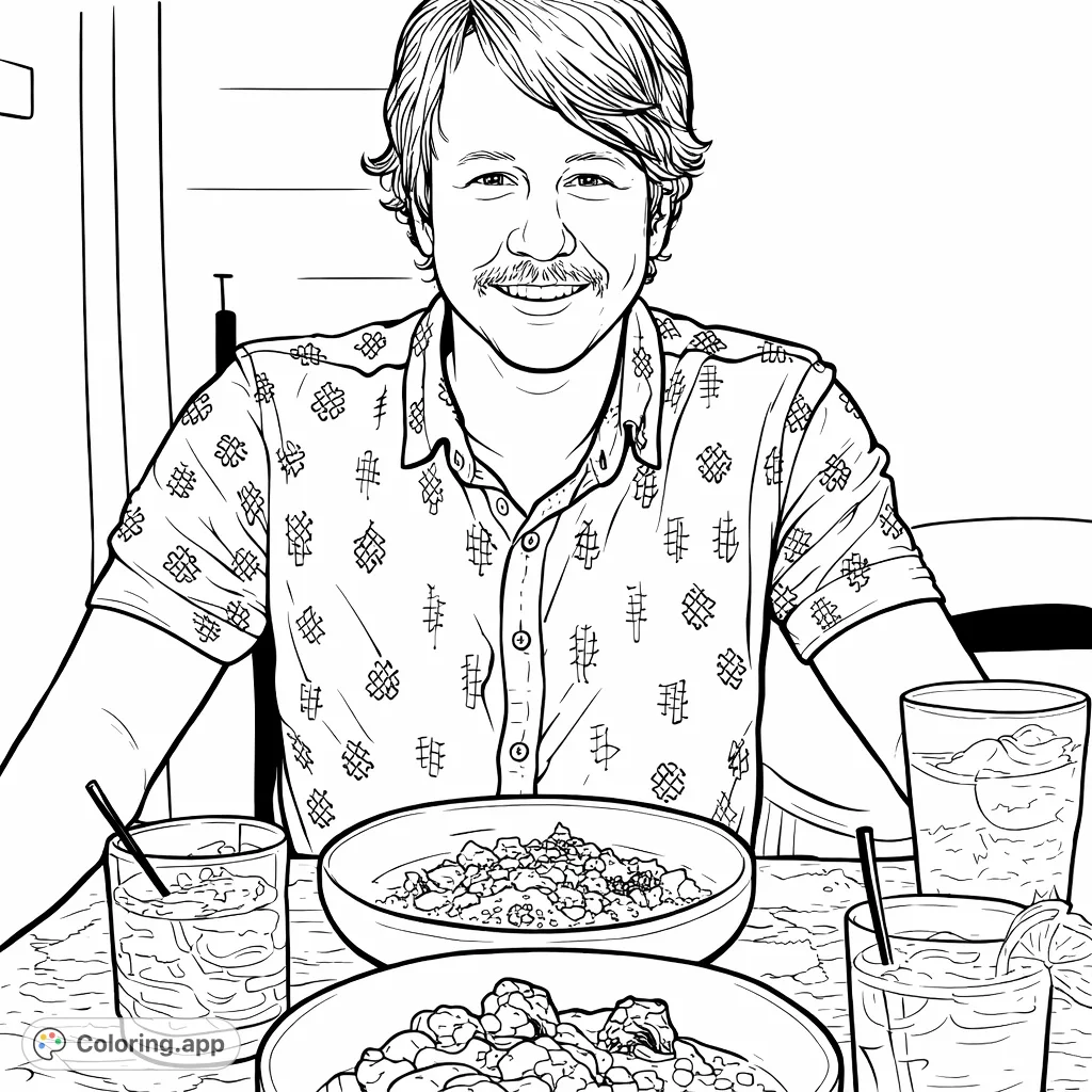 Capture a delightful dining moment with this patterned shirt dinner scene coloring page. Features a smiling man, detailed food, and unique shirt patterns.