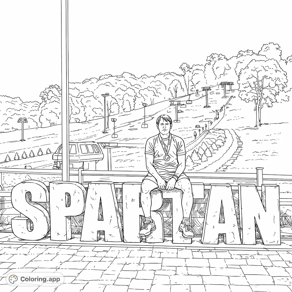 Celebrate triumph with this Spartan Race coloring page! A victorious athlete sits atop huge "SPARTAN" letters, overlooking a challenging mountain course.