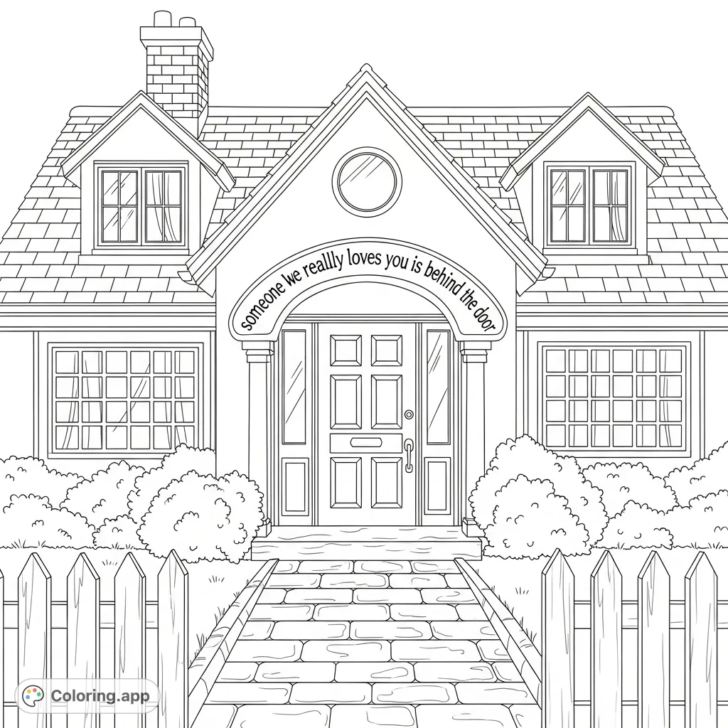 Discover a charming house with a special door, featuring a heartfelt message and a textured brick sidewalk. A delightful house coloring page!
