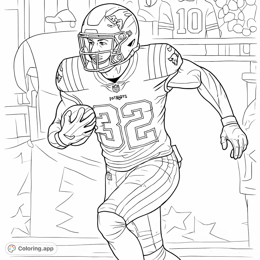 Capture the thrill of the game with this football player coloring page! A dynamic athlete in uniform, number 32, runs with the ball. Free printable football coloring page.