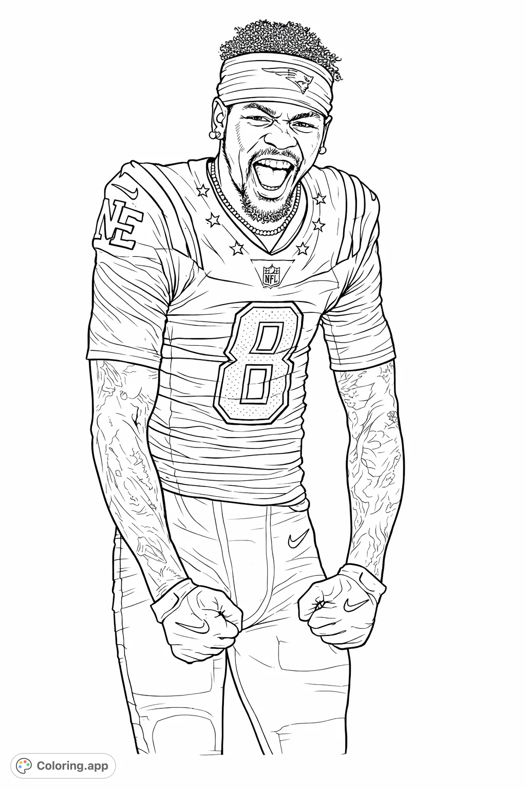 Capture the intense energy of a roaring football player in uniform. A dynamic sports figure with detailed jersey, headband, and powerful pose awaits your creative touch.