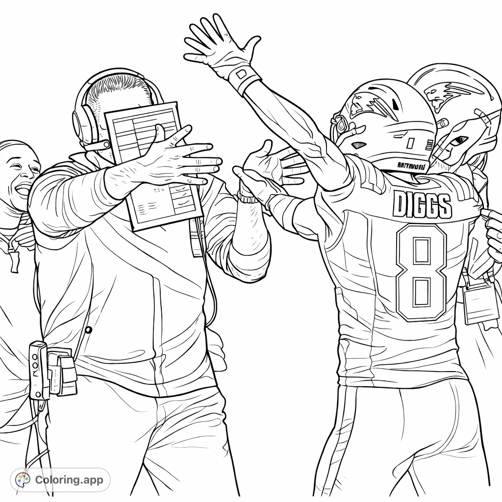 Capture the excitement of a sports moment with an American football player and coach interacting on the field. Perfect for sports fans of all ages.