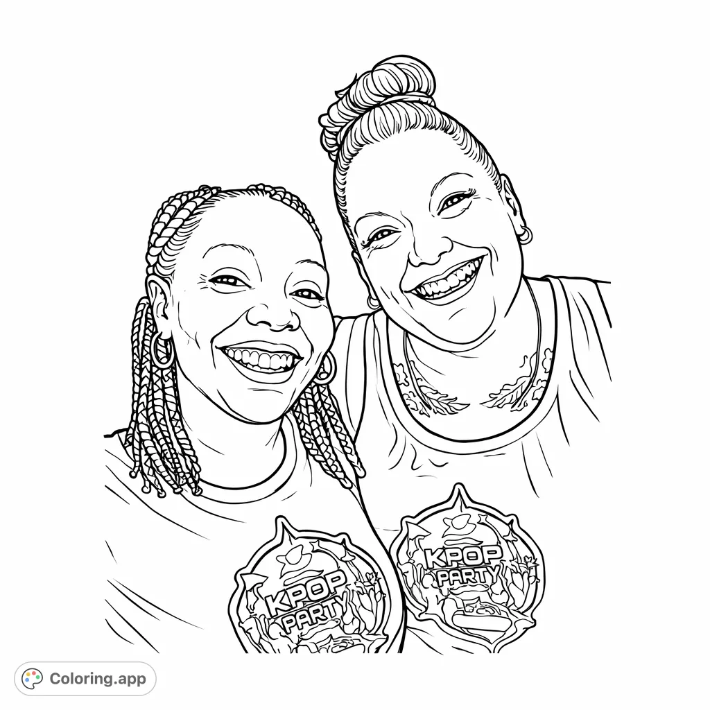 Celebrate friendship and K-Pop culture with this engaging coloring page featuring two joyful fans and their detailed, star-shaped fandom designs.