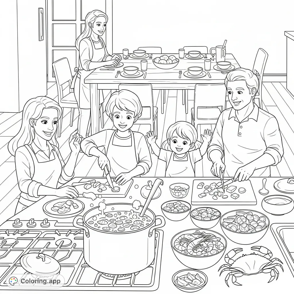 A heartwarming free printable gumbo soup coloring page featuring a family happily cooking together in a kitchen, preparing a delicious seafood meal. Perfect for all ages!