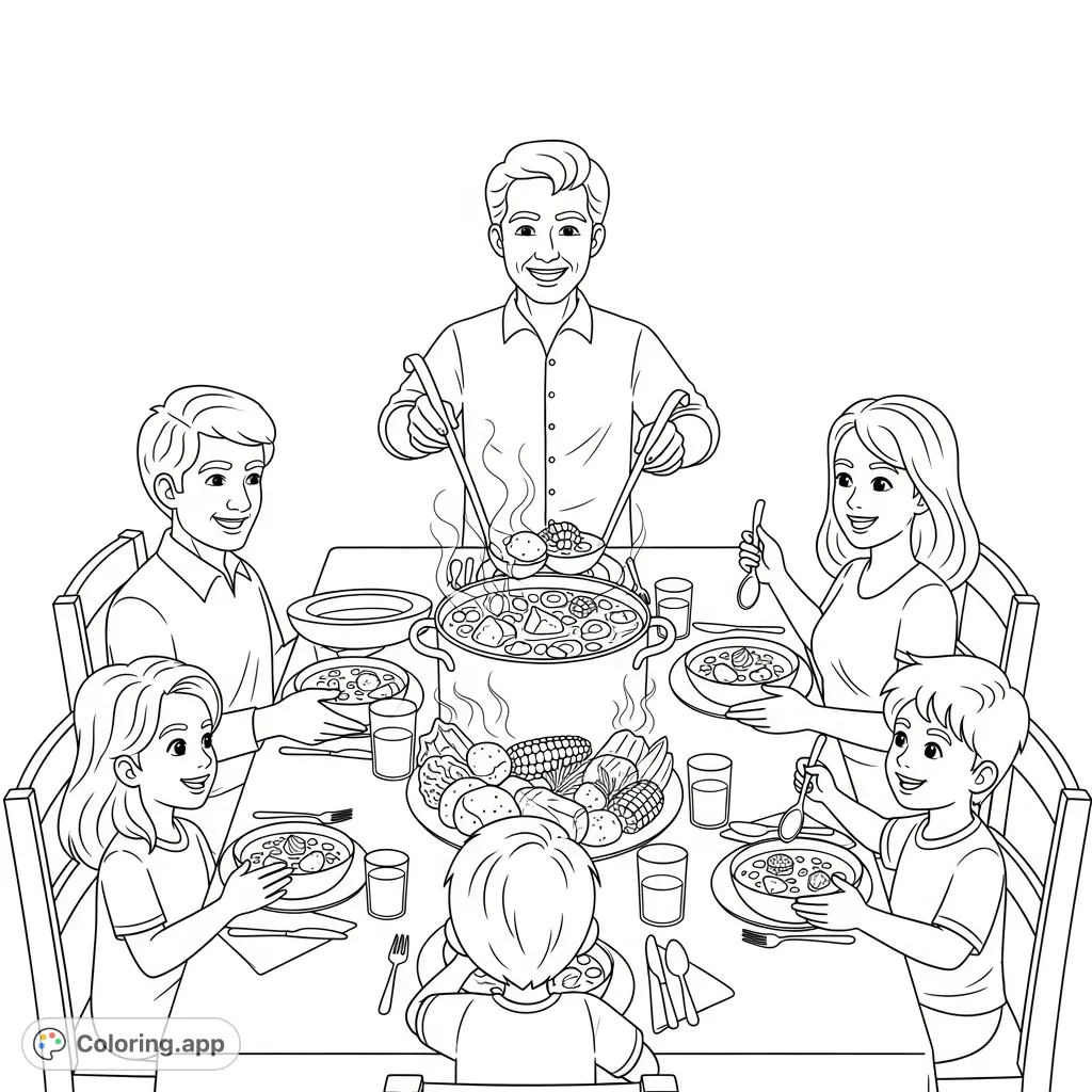 A heartwarming sancocho soup coloring page depicting a happy family gathering, sharing, and serving a delicious meal together.