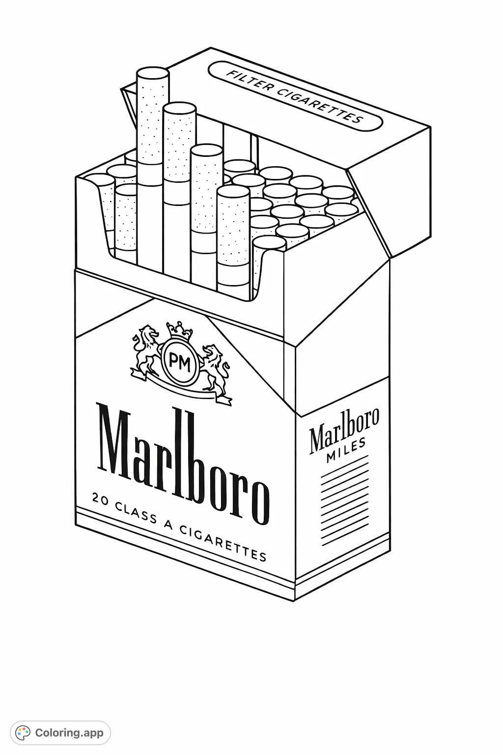Color a detailed retro tobacco pack, featuring an open design with visible cigarettes, intricate branding, and geometric packaging elements for a challenging adult coloring experience.