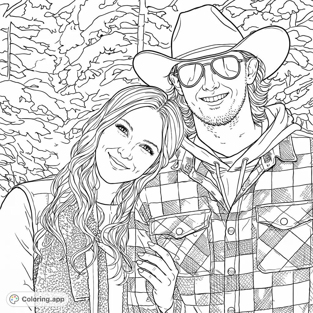Capture the warmth of a smiling couple in a snowy forest. This charming winter couple portrait coloring page offers cozy fashion details and a peaceful outdoor scene.