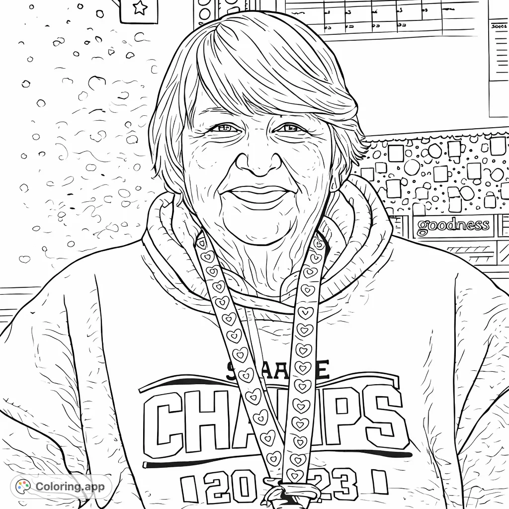 Enjoy coloring this warm portrait of an older woman in a casual sweatshirt and heart-patterned lanyard. A delightful scene with unique background details.