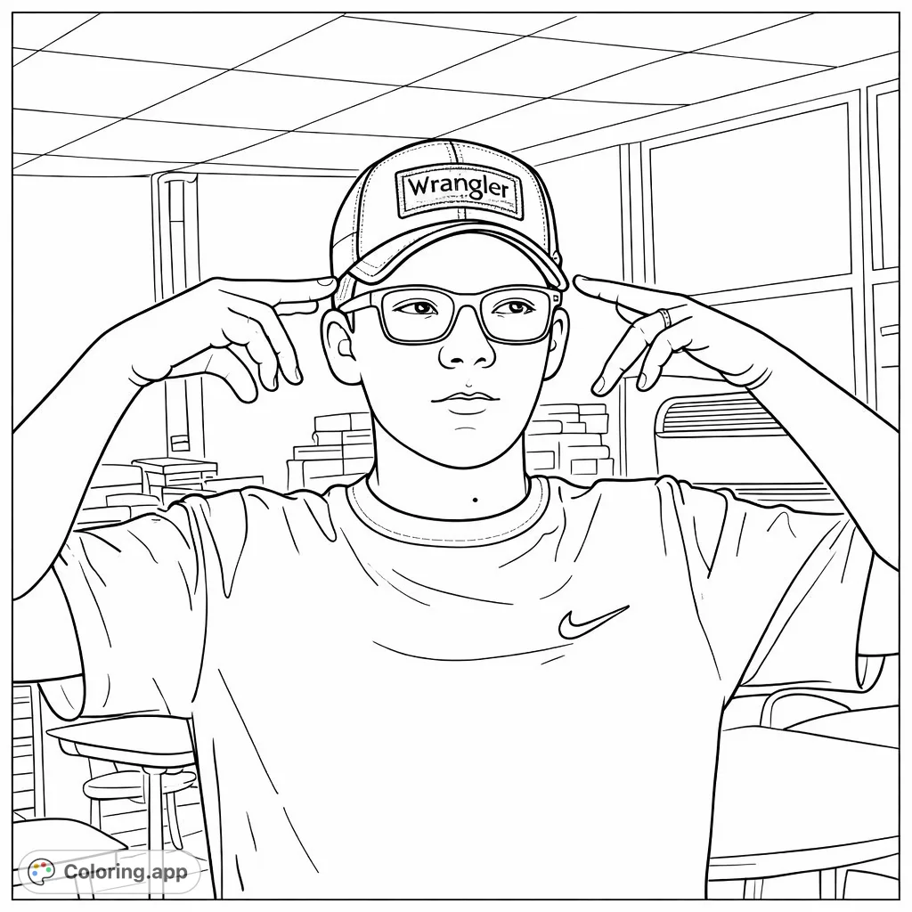 Capture a moment of reflection with this teenage boy coloring page. He's wearing a cap and glasses, hands at temples, in a classroom setting.