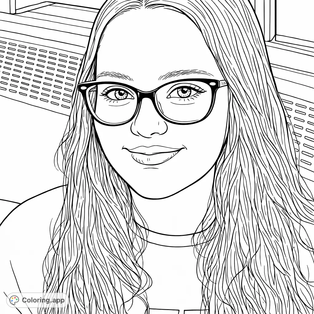 Capture the calm expression of a young person wearing glasses, with long flowing hair. This portrait offers a relaxing coloring experience, perfect for personalizing.
