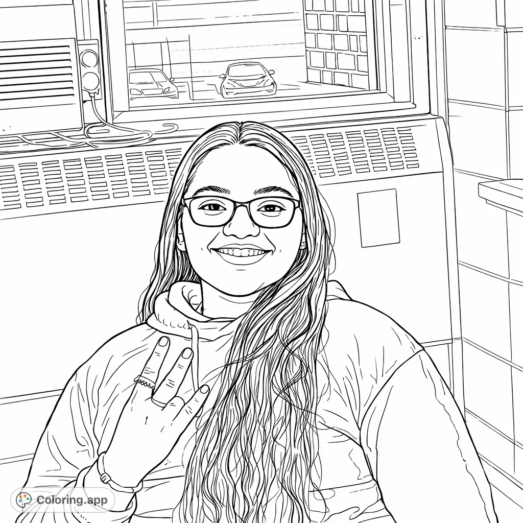 A cheerful person in glasses and a hoodie, making a hand gesture, set against a background featuring a window looking out onto a field. Perfect for self-expression.