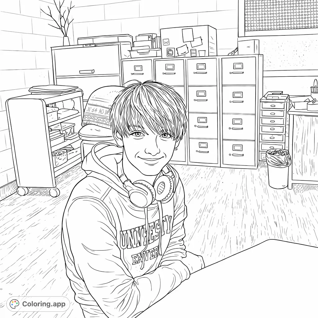 A friendly student sits at a desk in a classroom, surrounded by organizational cabinets and shelves. Perfect for a school-themed coloring page.