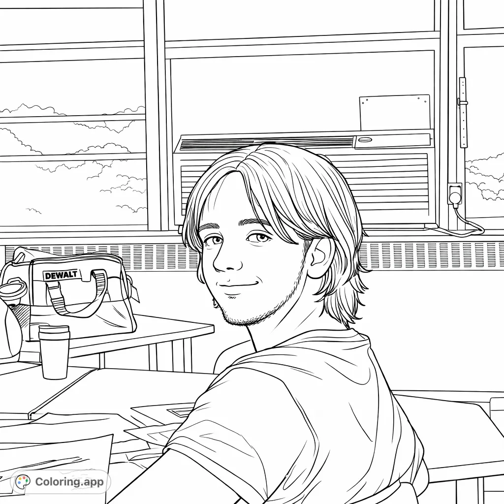 Capture a teen's thoughtful gaze in a classroom setting, surrounded by everyday objects and a view of the outdoors, offering a detailed coloring experience.