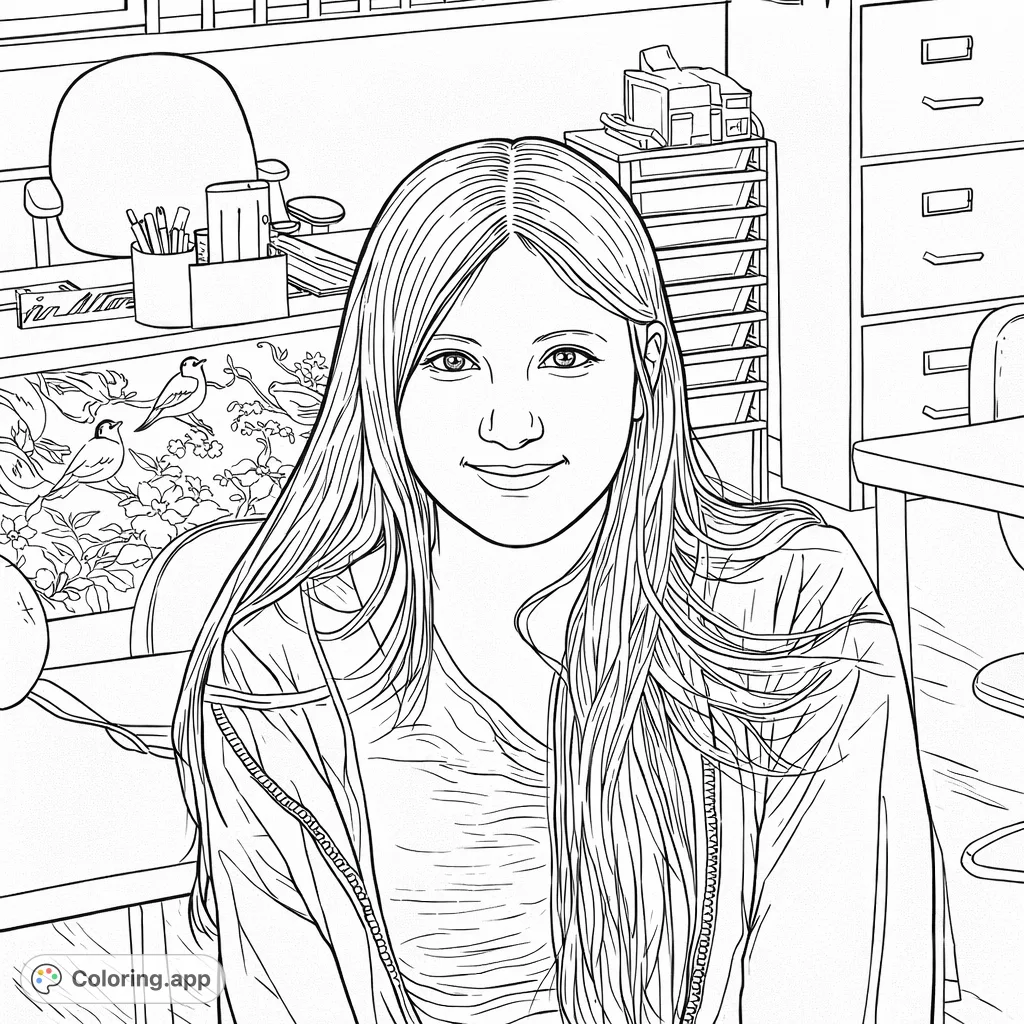 A charming coloring page featuring a young student seated in a detailed classroom setting with patterned wallpaper and organizational shelves. Perfect for creative expression.