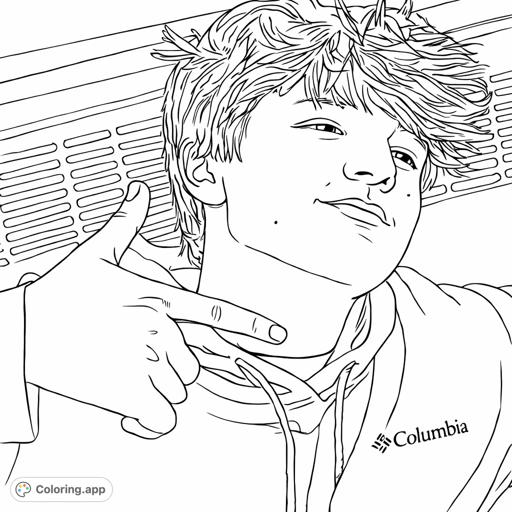 A compelling coloring page featuring a young person with a pointing gesture, wearing a comfortable hoodie against a textured background. Expressive and engaging.