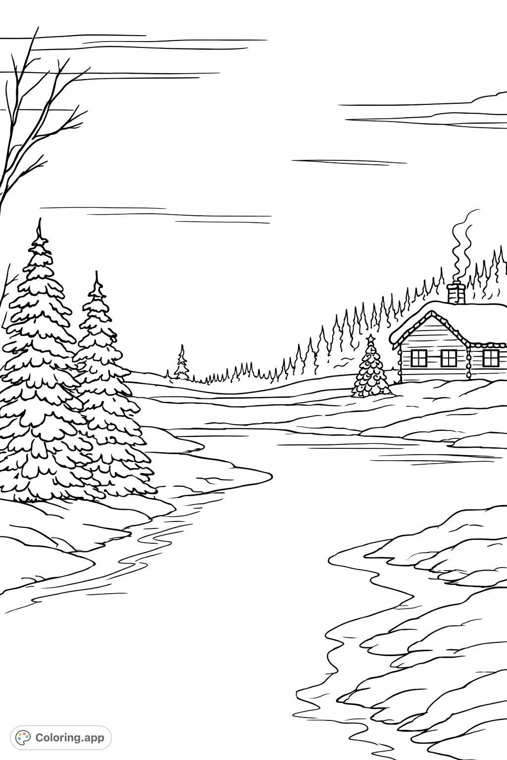 A charming winter cabin scene perfect for coloring. Features a snow-covered lodge, festive trees, and a calm body of water in a serene landscape.