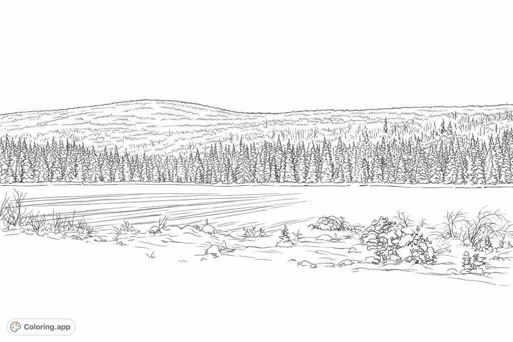 A serene winter landscape featuring a vast frozen lake, a snow-covered forest, and distant hills, perfect for a peaceful coloring escape.