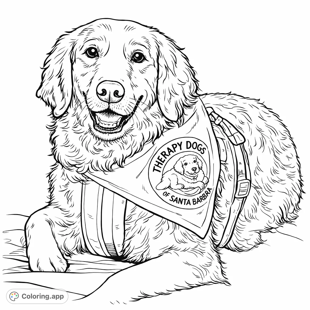 A lovable golden retriever therapy dog, wearing a special bandana and harness, lies patiently, ready to bring comfort and joy.