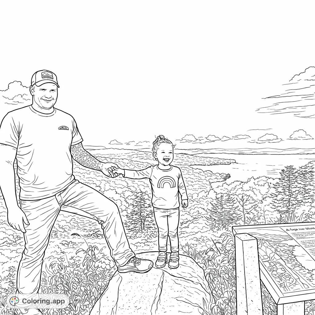 Capture a heartwarming family moment at a scenic mountain overlook. Features a parent and child enjoying a vast landscape of hills, water, and sky.
