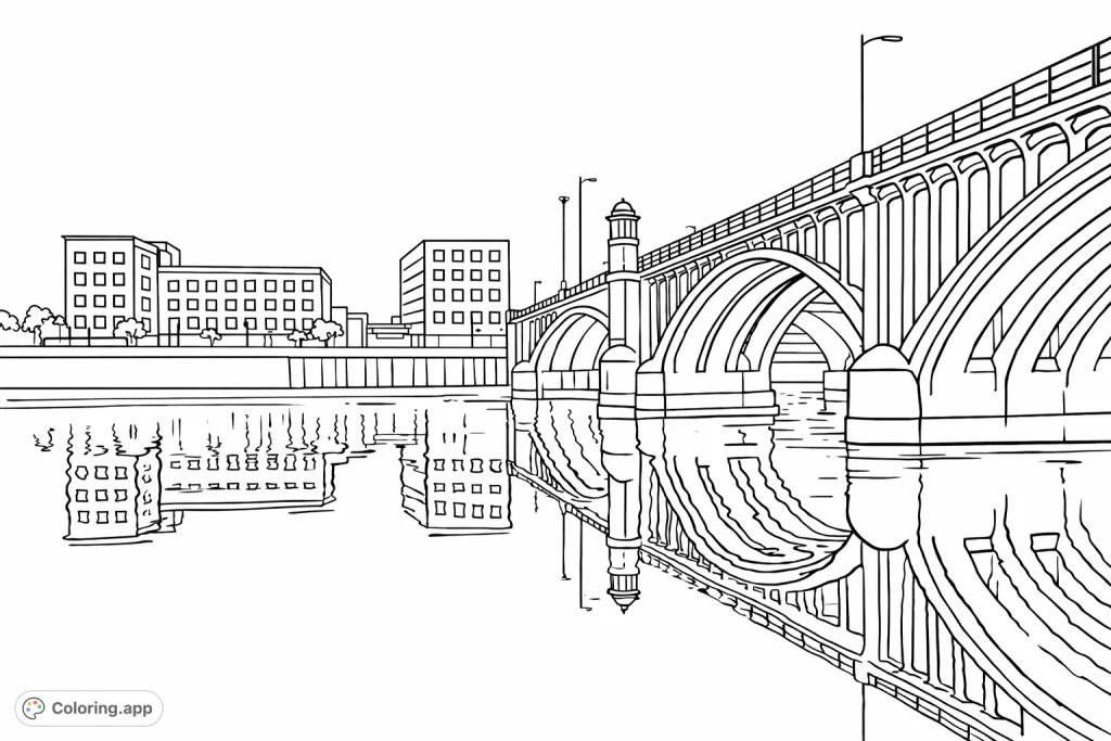 Color a picturesque cityscape featuring an ornate bridge arching over calm waters, with detailed buildings and their reflections under an expansive sky.