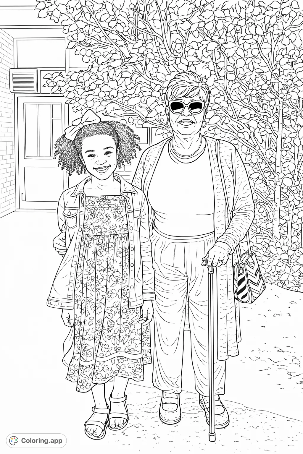 A heartwarming generations coloring page featuring a young girl and an older woman standing together, surrounded by natural and architectural details.