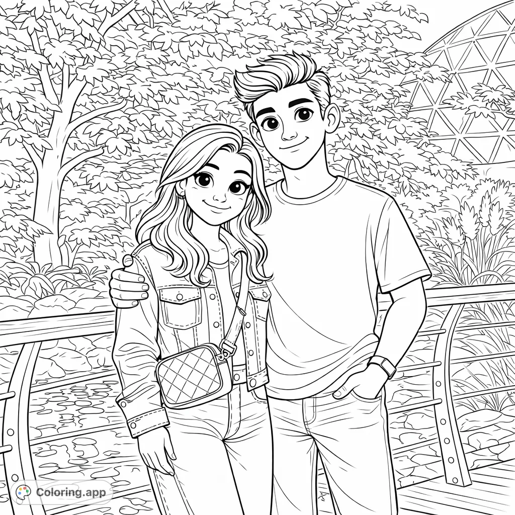 A heartwarming scene of a cheerful young couple enjoying an outdoor stroll by a reflective pond, surrounded by lush foliage and a unique dome structure.