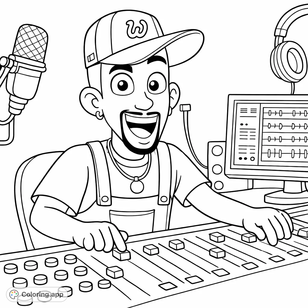 A cheerful cartoon character operating a mixing board in a studio, surrounded by music production equipment. Perfect for music lovers and aspiring DJs.