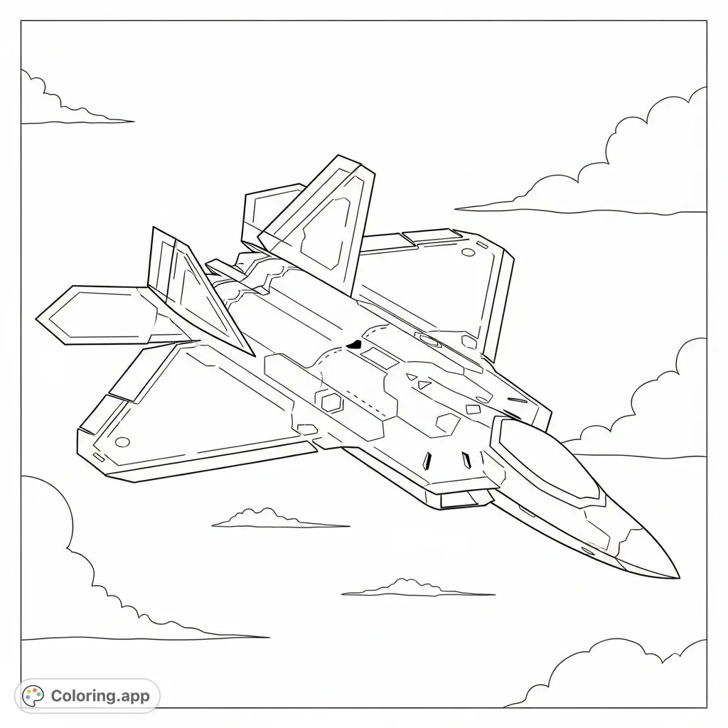 Witness the F22 Raptor in a detailed aerial depiction. This high-performance jet captures its sleek design, ideal for enthusiasts of aviation and engineering.