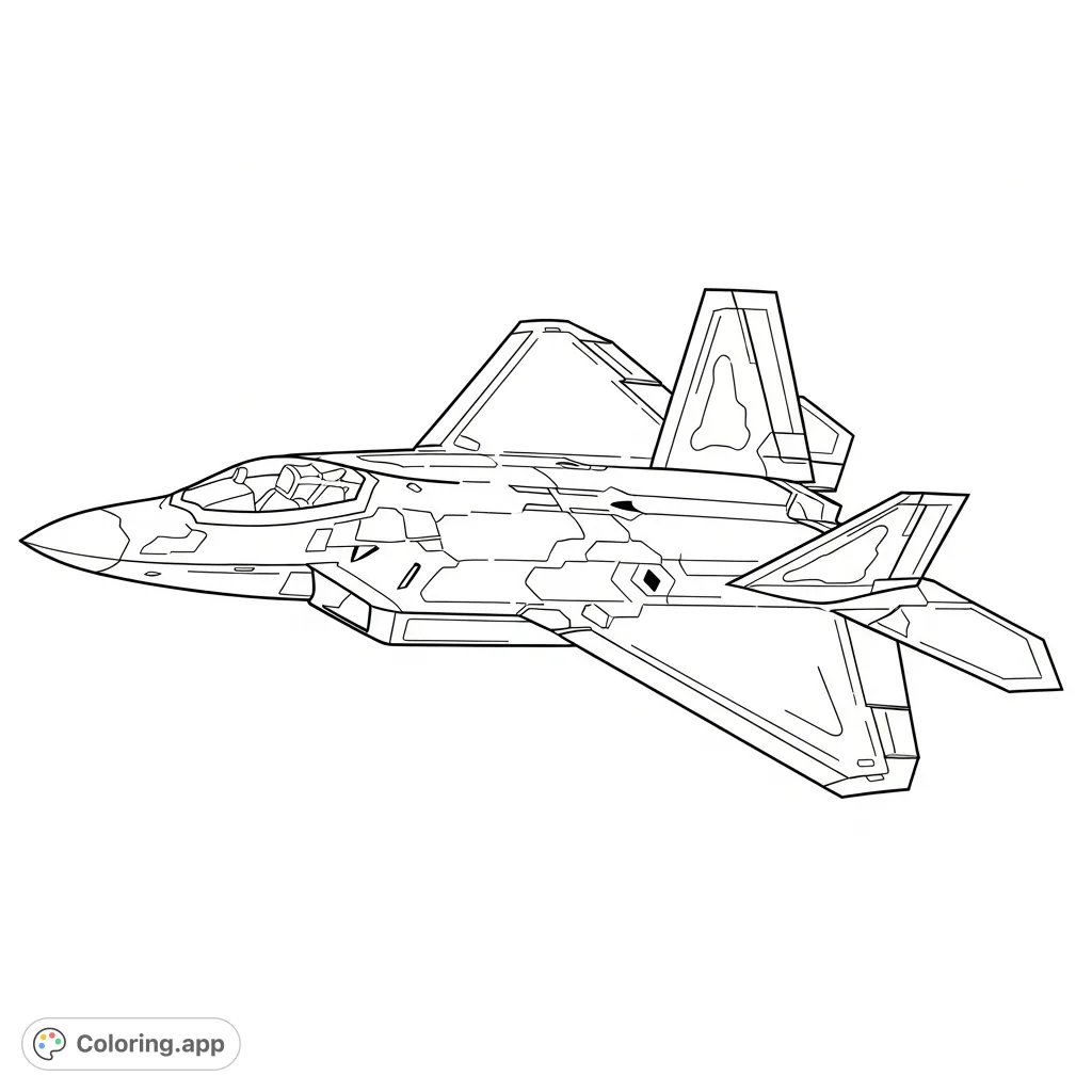 Soar into creativity with this F22 Raptor coloring page. Featuring a detailed stealth jet against a clear sky, perfect for aviation enthusiasts.