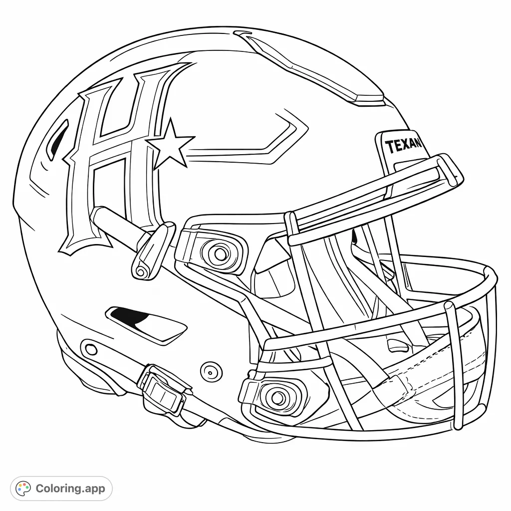 Score a touchdown with this detailed football helmet coloring page! Features a bold 'H' emblem, star, and face mask. Perfect for sports fans!