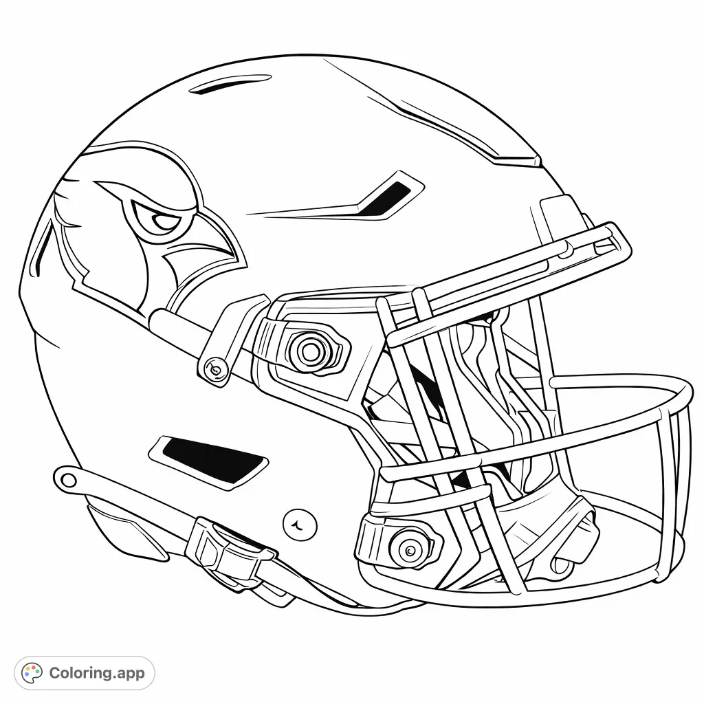 Color a detailed Arizona Cardinals football helmet, featuring the iconic bird emblem and intricate face mask. Perfect for sports fans!