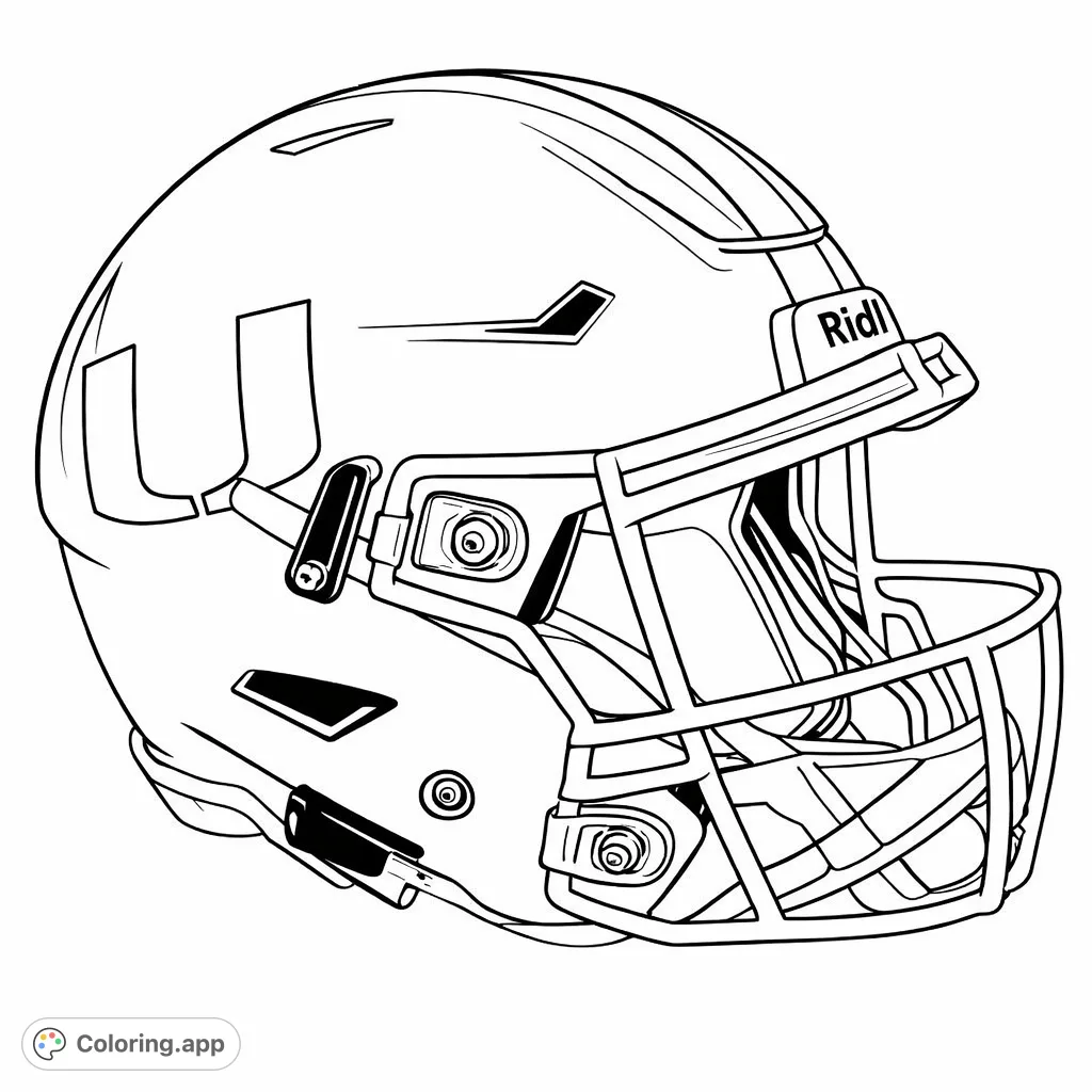 Color this dynamic football helmet with its iconic team emblem, protective face mask, and detailed straps. Perfect for sports fans!