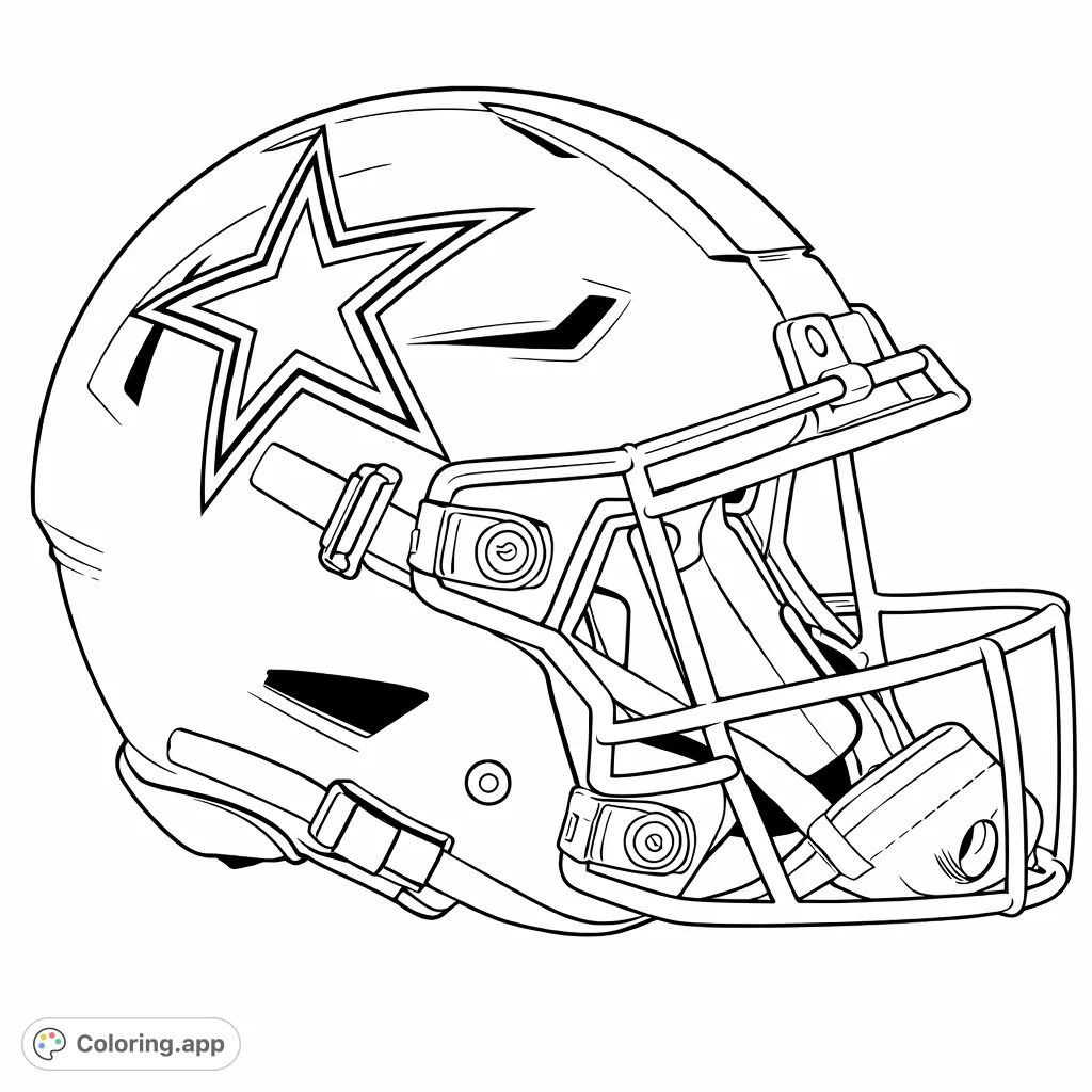 Color a detailed football helmet featuring a prominent five-pointed star emblem, robust face mask, and intricate straps. Perfect for sports fans!