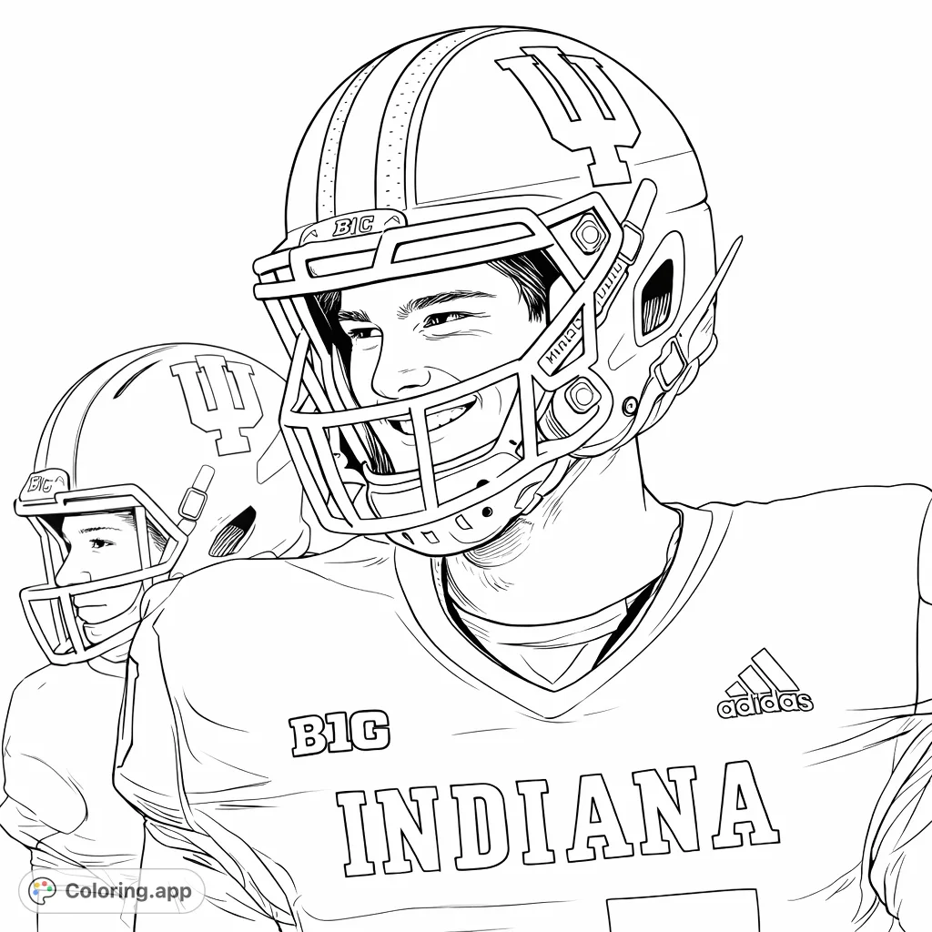 Capture the spirit of the game with this football player coloring page. Features a smiling athlete in a detailed helmet and jersey, perfect for sports fans.