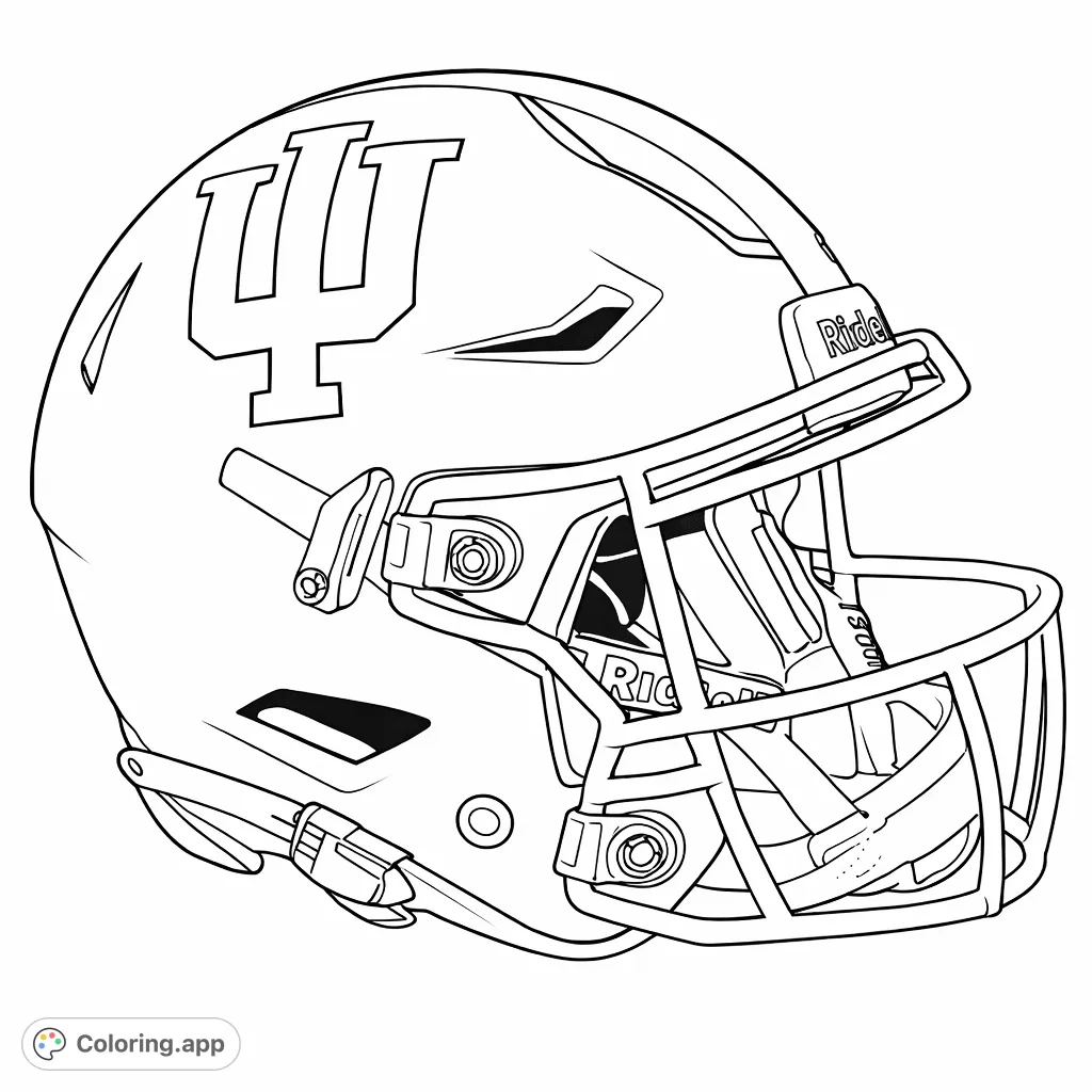 Color a detailed university football helmet, featuring its distinctive logo, face mask, and striped design. Perfect for sports fans and school spirit enthusiasts.