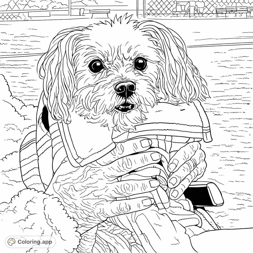 A sweet fluffy dog with textured ears is gently held by human hands, wrapped in a striped blanket, set against an outdoor backdrop. A heartwarming scene.