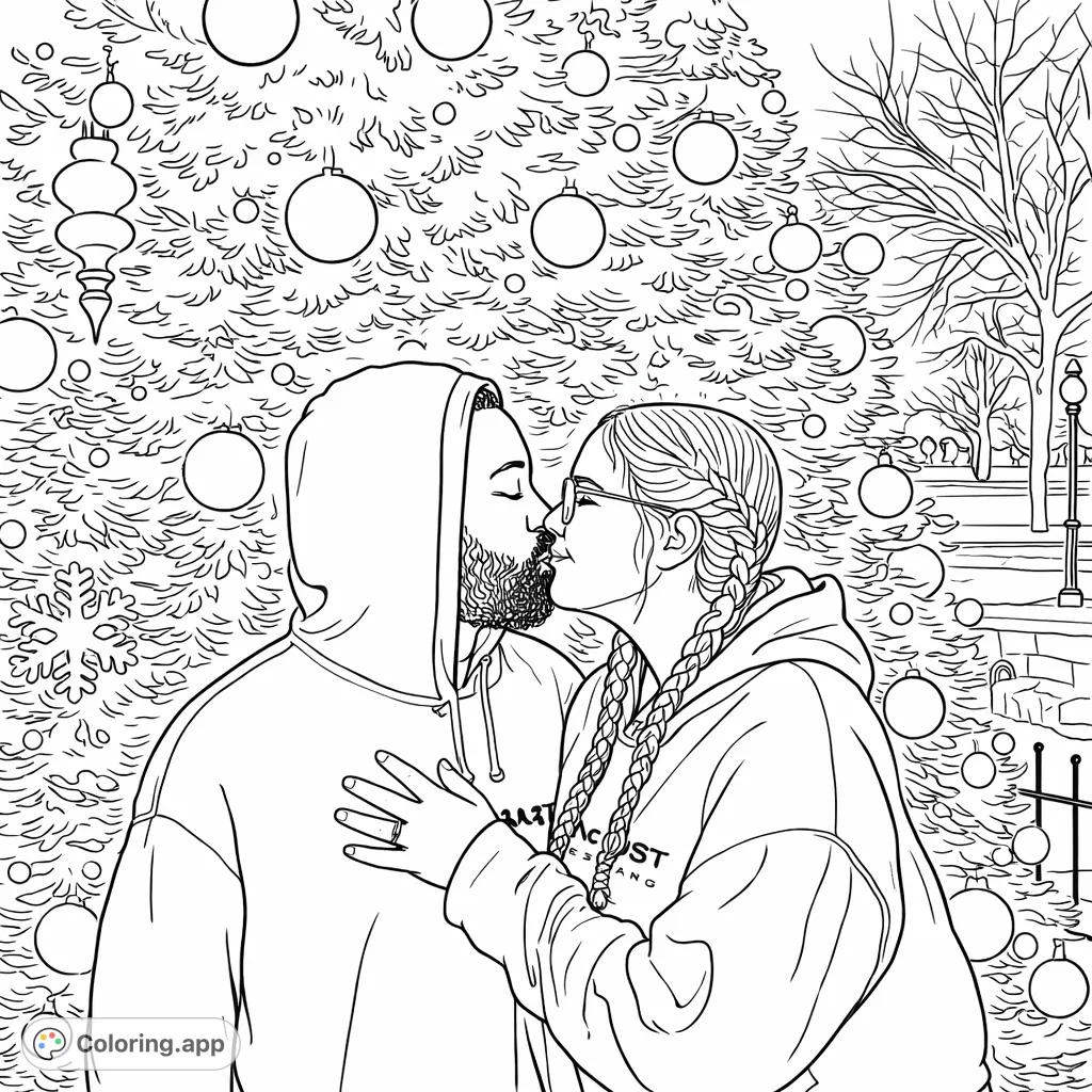 Capture a tender moment with this festive coloring page featuring a couple sharing a kiss in front of a beautifully decorated holiday tree. Perfect for celebrating love.