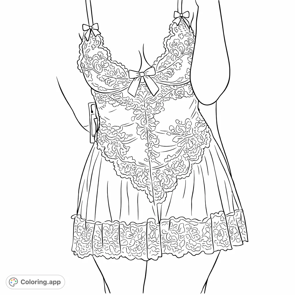 Unwind with this intricate lace camisole design, perfect for adult colorists. Features delicate bows, floral patterns, and sheer fabric textures.