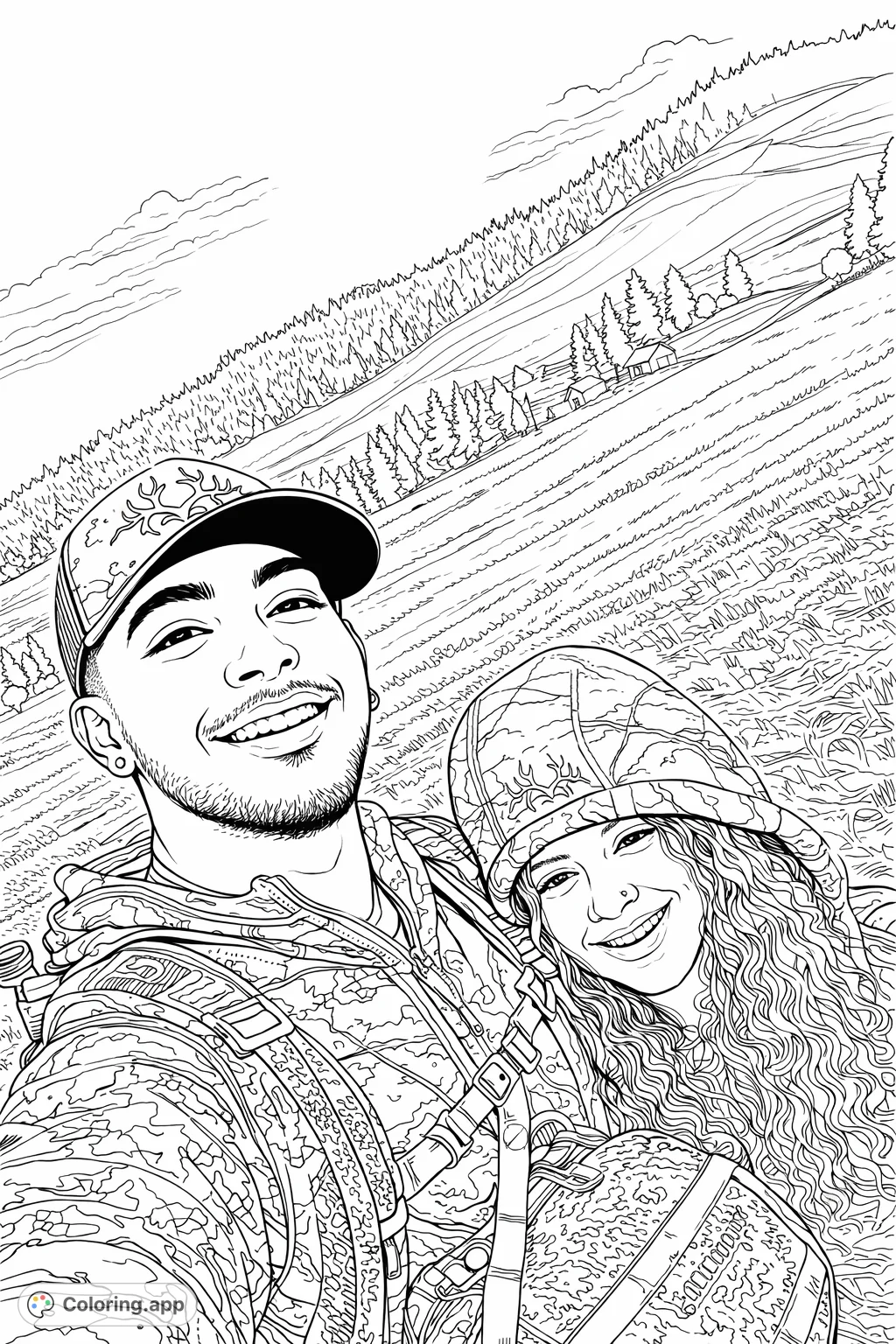 A smiling couple in camouflage attire enjoys an outdoor adventure amidst rolling hills and forests. Perfect for nature and outdoor activity enthusiasts.