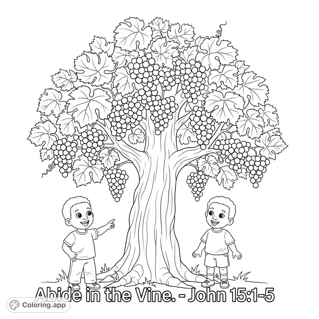 A heartwarming vine coloring page featuring smiling children, lush leaves, and abundant grapes, accompanied by the uplifting scripture "Abide in the Vine."