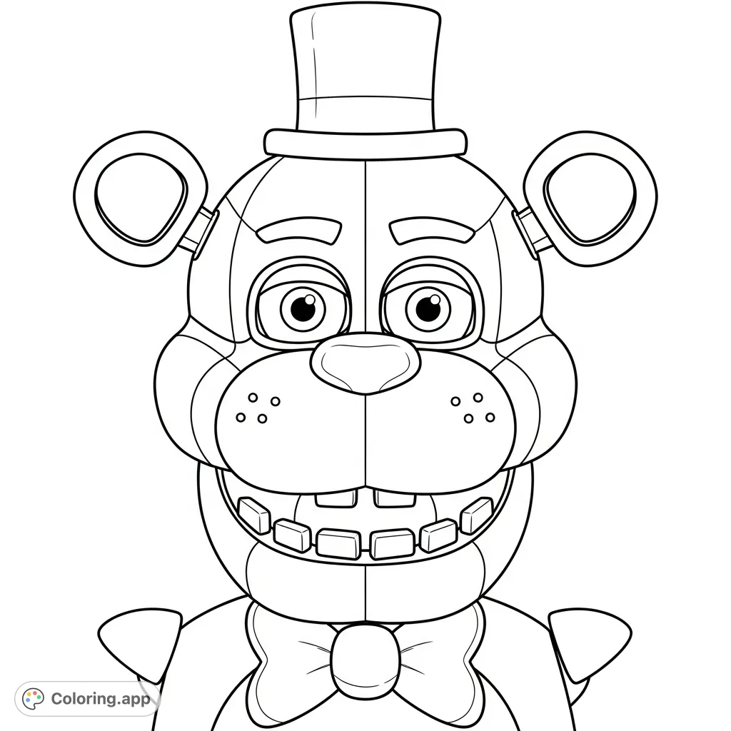 Color Freddy Fazbear's iconic animatronic head! Featuring his top hat, bowtie, prominent snout, and distinct paneling, it's a fan-favorite challenge.