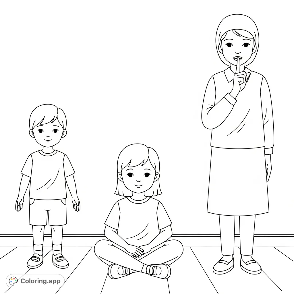 A coloring page featuring a child standing, a child sitting, and a person making the listening signal. Perfect for teaching quiet time and social cues.