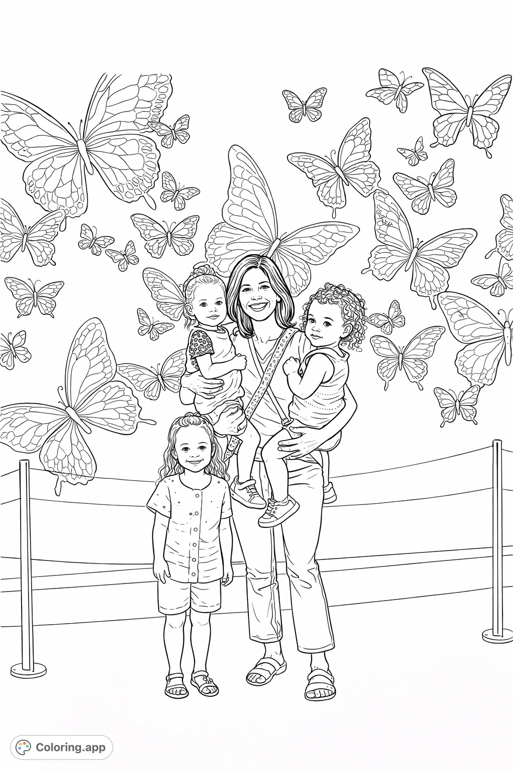 Capture a heartwarming family moment surrounded by a stunning display of decorative butterflies. A woman and three children pose against an artful wall.