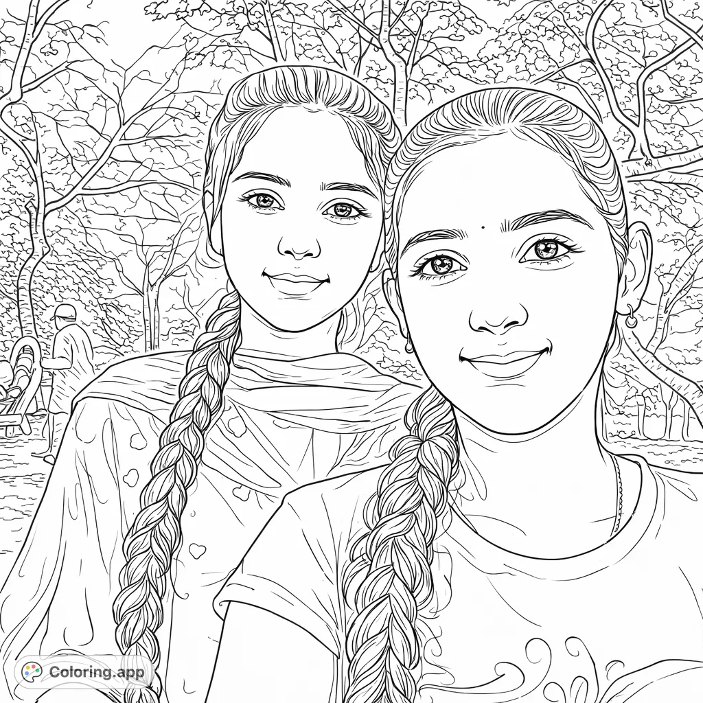 Capture the warmth of friendship with this portrait of two smiling young women outdoors. Intricate braids and subtle patterns await your creative touch for a beautiful finish.