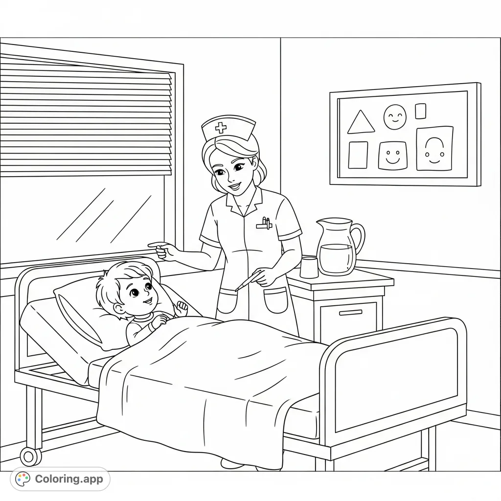 A heartwarming nurse coloring page featuring a kind nurse tending to a child in a hospital bed, offering comfort and care. Perfect for coloring pages for kids.